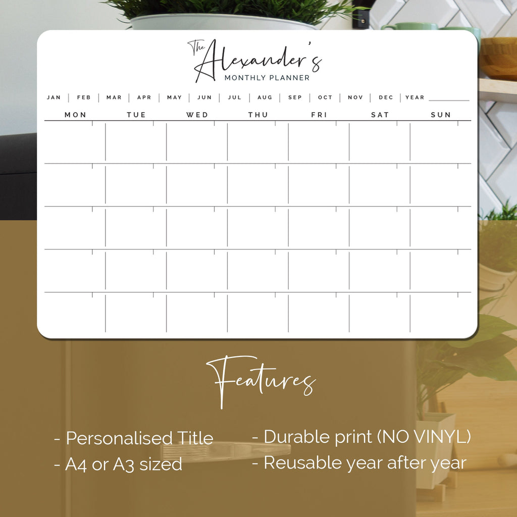Custom monthly fridge planner - magnetic whiteboard calendar - family organiser