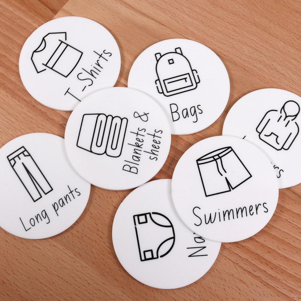 Personalised Clothing Labels with illustrations  - Ikea Trofast acrylic printed labels - labels for wardrobe, drawers, storage MONOCHROME