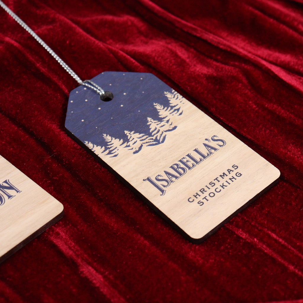 Personalised Christmas Stocking Tags – Snowy Treeline Design - Printed Santa Sack Tag