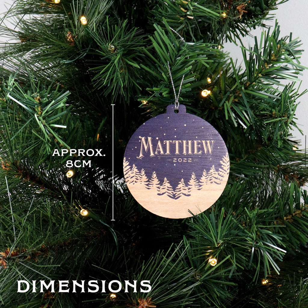 UV Personalised Christmas ornament bauble decoration - laser cut wood Christmas ornaments, Snowy treeline design
