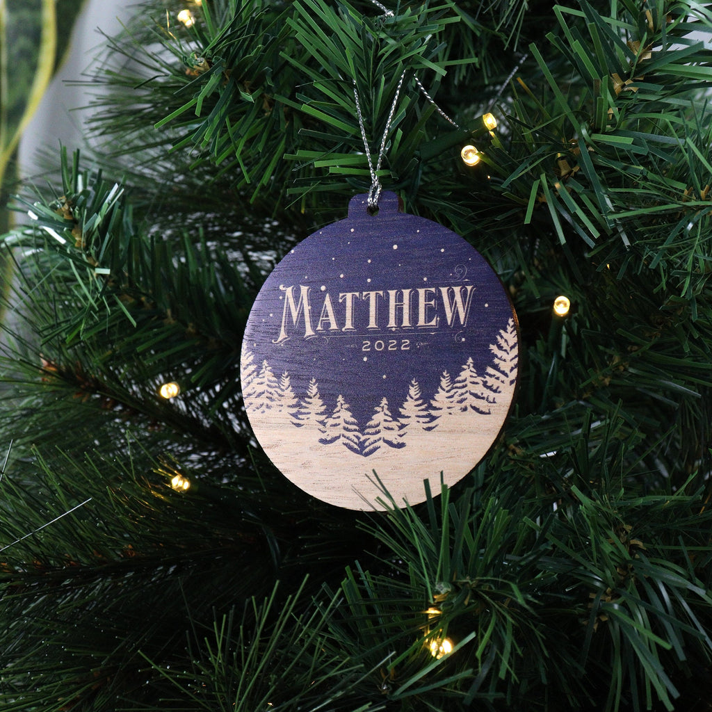 UV Personalised Christmas ornament bauble decoration - laser cut wood Christmas ornaments, Snowy treeline design