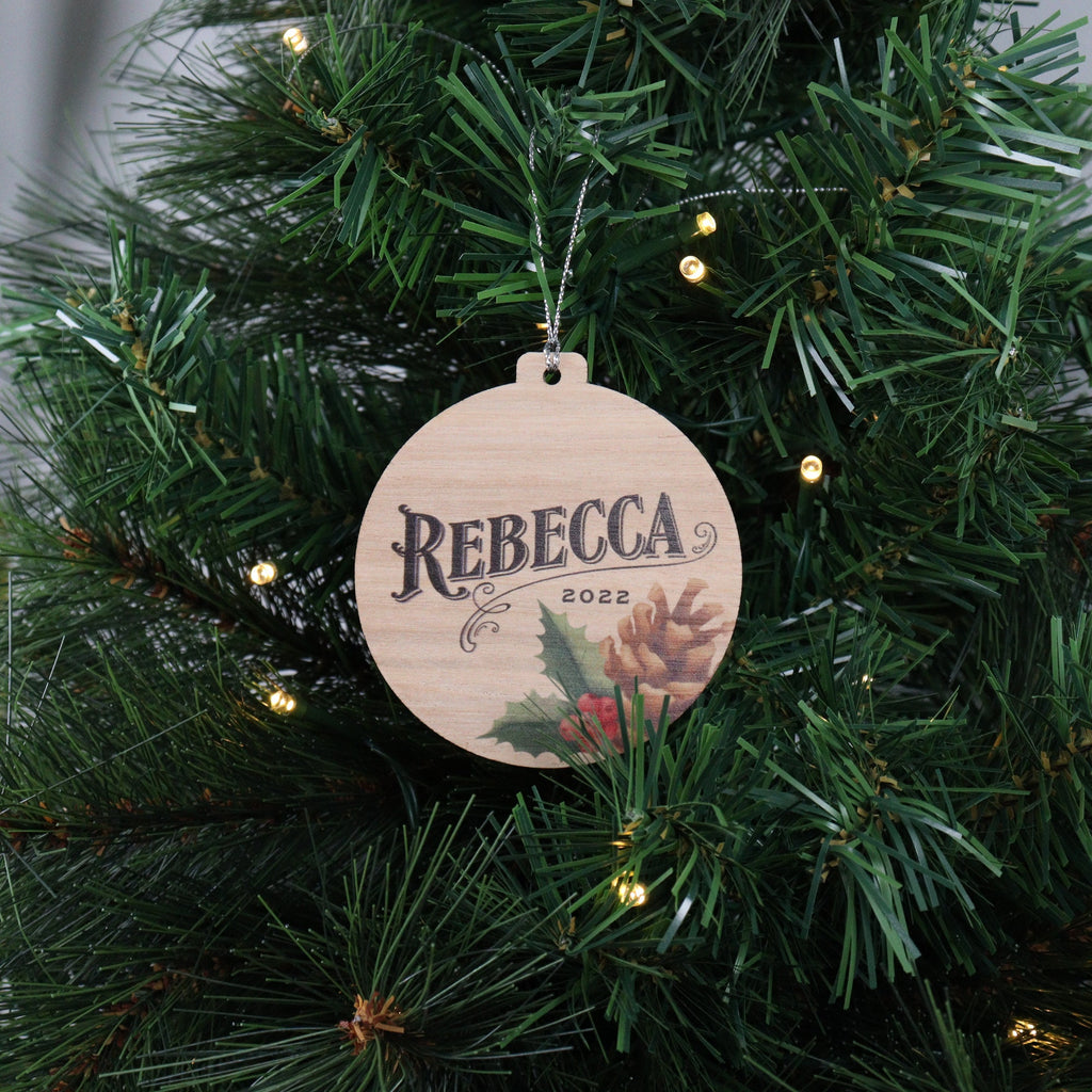 UV Personalised Christmas ornament bauble decoration - laser cut wood Christmas ornaments ,Baby's First Christmas, Pinecone design