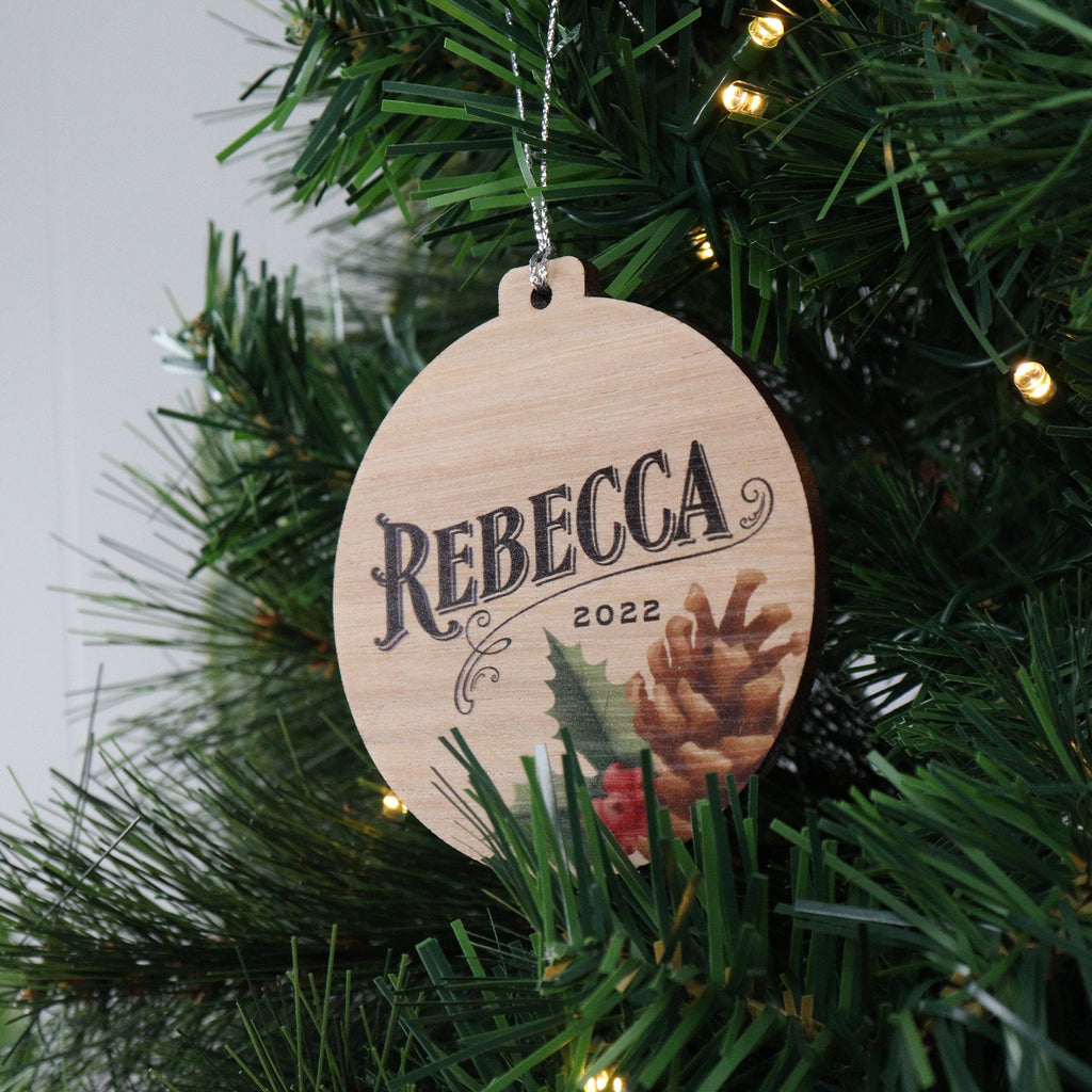 UV Personalised Christmas ornament bauble decoration - laser cut wood Christmas ornaments ,Baby's First Christmas, Pinecone design