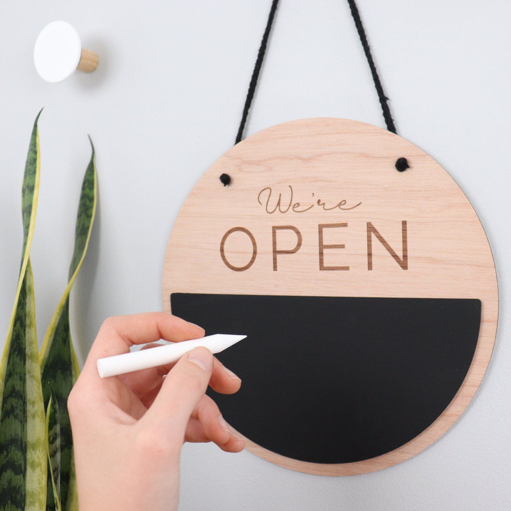 Open Closed double sided Wooden Business Sign - reusable chalk section - Custom Logo Sign with 3D - Personalised Business Sign 25cm | 9.84"