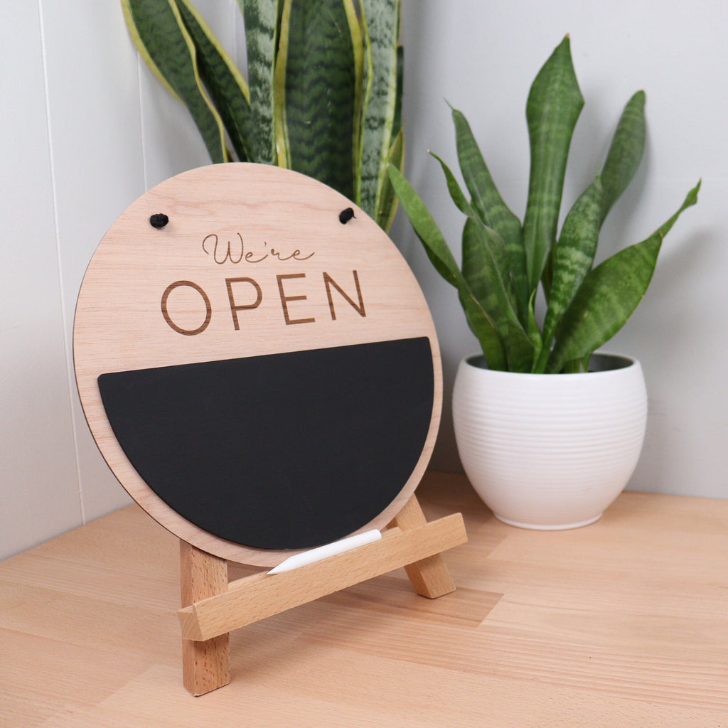 Open Closed double sided Wooden Business Sign - reusable chalk section - Custom Logo Sign with 3D - Personalised Business Sign 25cm | 9.84"