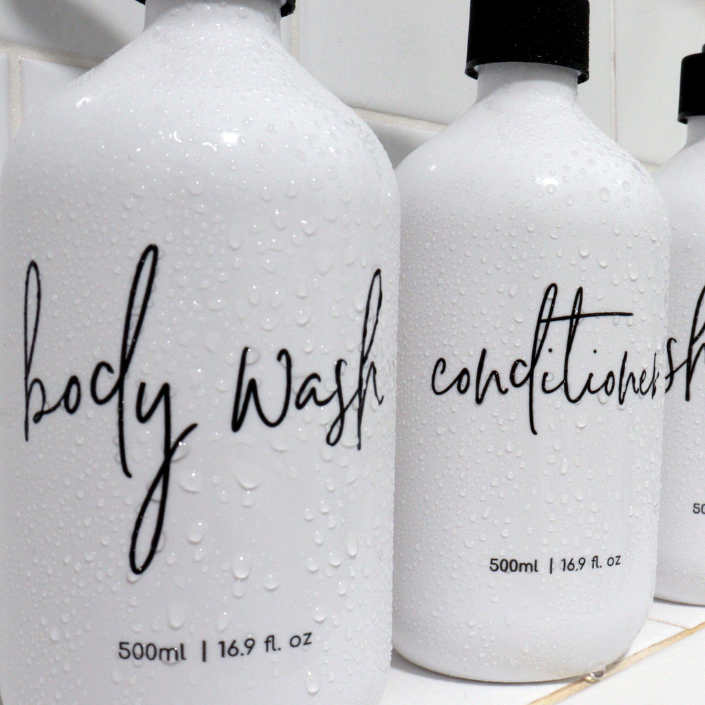 3 piece bathroom white and black bottle set  - Body wash, shampoo, conditioner - 500ml dispensers