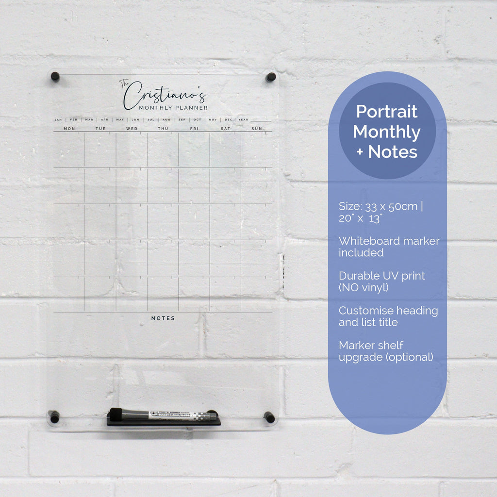 Custom wall planner - Portrait Monthly design - acrylic whiteboard calendar - family wall planner organiser
