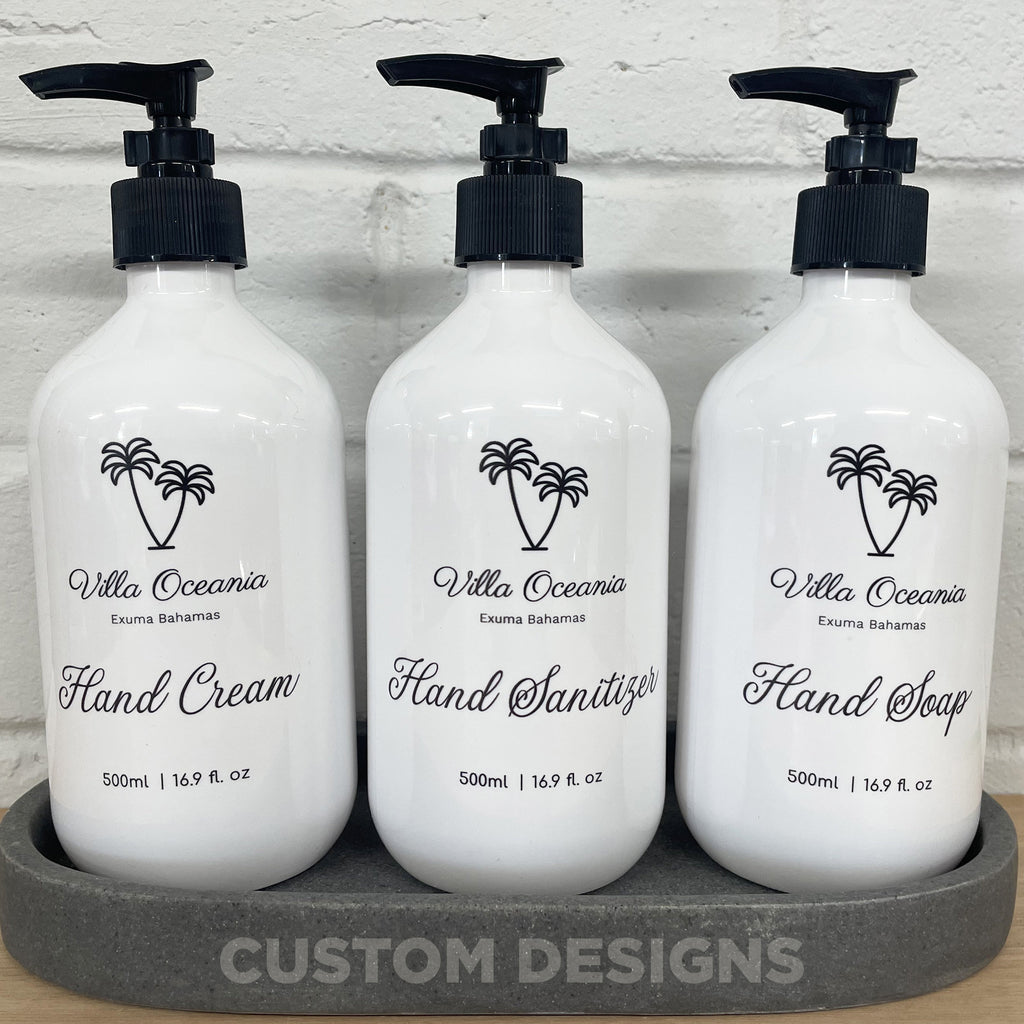 Set of 3 white and black Kitchen dispensers - handwash, sanitiser, dish soap