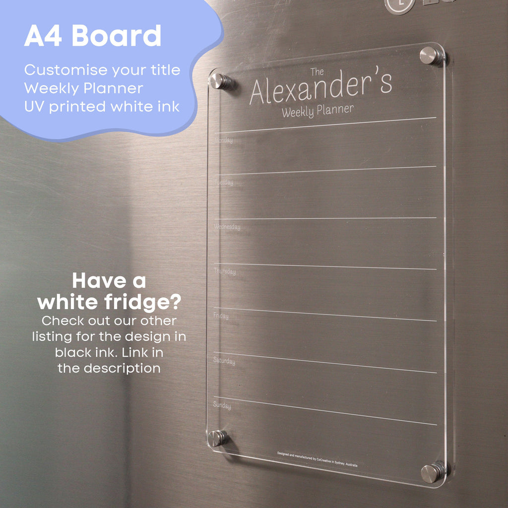 Fridge Acrylic Planner - WHITE UV print - acrylic whiteboard calendar - family organiser - COMBO