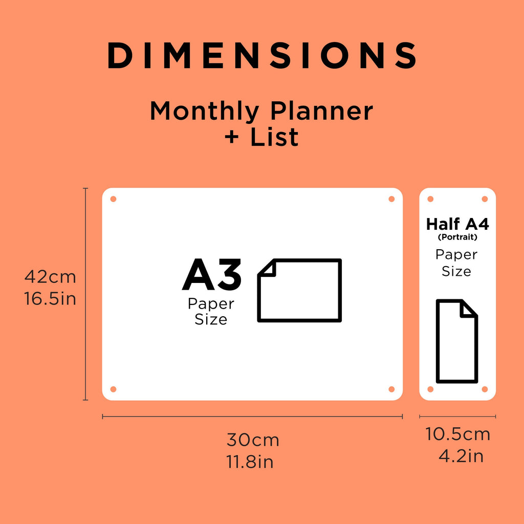 Monthly Magnetic Fridge Acrylic Planner A3 - WHITE UV print ORIGINAL design - acrylic whiteboard calendar - family organiser - combo