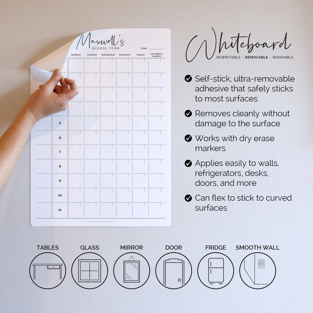 REMOVABLE Custom School term fridge planner - whiteboard calendar - family school organiser