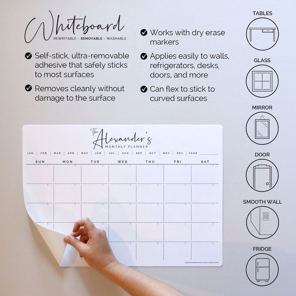 REMOVABLE Custom monthly fridge planner - whiteboard calendar - family organiser