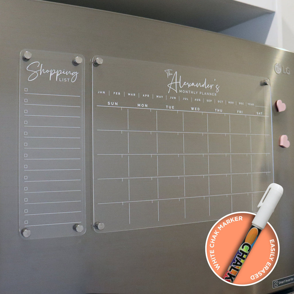 Monthly Magnetic Fridge Acrylic Planner A3 - WHITE UV print ORIGINAL design - acrylic whiteboard calendar - family organiser - combo