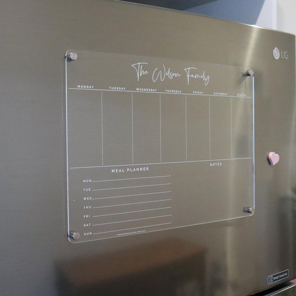 Weekly MEAL Magnetic Fridge Acrylic Planner A3 - WHITE UV print - acrylic whiteboard calendar - family organiser - fridge list